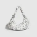 White black polka dot hobo bag with ruffled strap and drawstring design, perfect for daily use. - White Pleated Dumpling Bag