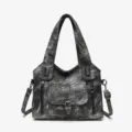 Large capacity retro washed women shoulder bag, casual tote bag with front pocket and straps. - Black