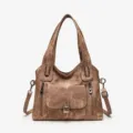 Vintage brown canvas tote bag detail view, large capacity casual shoulder crossbody bag with pockets. - Dark Brown