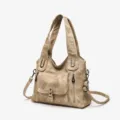 Vintage Khaki Shoulder Bag Casual Tote Multi-Pocket Handbag Women PU Leather Bag - Khaki