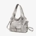 Retro grey canvas shoulder bag detail, spacious daily handbag with pockets & straps. - Gray