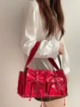 Sweet cool red patent leather shoulder bag with multi-pockets, bows and drawstrings. - Red