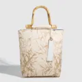Retro Chinese style bamboo handle handbag, vintage floral print tote bag, large capacity. - Off-White Bag