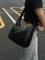 Black faux leather hobo shoulder bag, casual vintage style large capacity tote for women. - Black