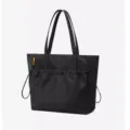 Black large capacity tote bag with double shoulder straps and front drawstring pocket. - Standard / Black