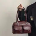 Vintage PU leather underarm shoulder bag, retro commuter handbag with dual front pockets. - Burgundy
