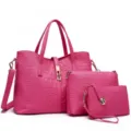 Stylish pink crocodile pattern handbag 3-piece set for women elegant shoulder bag - Rose Red