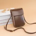 Retro mini vertical PU leather crossbody phone bag with slim adjustable strap for daily use. - Brown