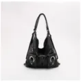 Black soft leather multi-use bag detail, multi-pocket design with metal rings and zippers. - Standard / Black