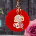 Rhinestone ram keychain detail, sparkling crystal plush ball charm handbag pendant. - Pink Sheep + Red Pom Pom