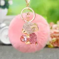 Cute plush sheep keychain with pink crystal and rhinestones, stylish car bag metal pendant gift - Pink Sheep + Pink Pom Pom