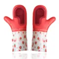 Red silicone cleaning gloves with strawberry pattern and scrubbing brush for kitchen housework. - One Size / Double-Hand Brush