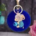 Blue plush pom-pom keychain with rhinestone sheep pendant, cute metal key ring for women bags. - Blue Sheep + Royal Blue Pom Pom