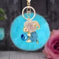 Cute blue plush ball rhinestone ram keychain charm with sparkling crystal ball for women bags car. - Blue Sheep + Blue Pom Pom