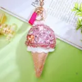 Rhinestone ice cream keychain PU leather bag charm cute sweet sweet accessory for keys. - Ice Cream Cone Style (A952) / Single Piece / Pink