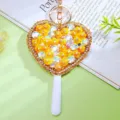 Rhinestone heart mirror keychain cute floral bag pendant portable makeup charm accessory detail - Yellow
