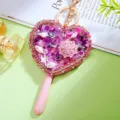 Exquisite rhinestone heart keychain mirror detail, lovely pink design for bag pendant. - A943 Heart Lollipop Mirror Pink and Purple