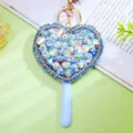 Heart rhinestone flower mirror keychain cute women bag charm portable makeup mirror - Blue
