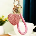 Rhinestone heart car keychain, cute pink braided strap metal bag pendant accessory ring. - Woven Rope Rhinestone Heart / Pink