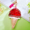 Rhinestone ice cream keychain close-up, PU leather bag charm detail, stylish sweet cone pendant. - Ice Cream Cone Style (A952) / Single Piece / Red
