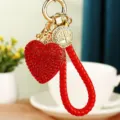 Red rhinestone heart keychain with braided rope and gold metal ring for bags and car keys. - Woven Rope Rhinestone Heart / Red
