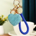 Rhinestone Heart Keychain Blue Braided Strap Metal Car Key Ring Cute Bag Pendant Gift - Woven Rope Rhinestone Heart / Blue