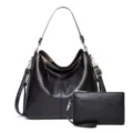 Sac a main hobo classique en cuir PU noir avec pochette assortie, grand cabas elegant quotidien. - Ensemble deux pièces / Noir