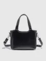 Black leather tote bag with top handle and shoulder strap for women commute daily use - Black