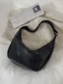 Classic black PU leather slouchy shoulder bag for women, soft crescent dumpling crossbody bag. - Black