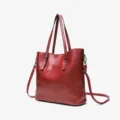 Retro oil wax leather tote bag for women, stylish large capacity shiny shoulder bag. - Burgundy