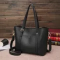 Black leather tote bag for women, large capacity shoulder handbag with crossbody strap. - Black