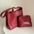 Burgundy hobo shoulder bag set with wide strap and pouch, minimalist casual PU leather. - Burgundy