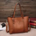 Brown leather tote bag for women, large capacity casual shoulder bag with crossbody strap. - Brown
