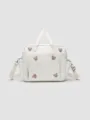 Cute embroidered bear quilted diaper bag, large capacity mommy shoulder and tote bag. - Ivory