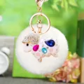 Cute rhinestone sheep plush pom pom keychain with gold metal ring, perfect bag charm accessory. - White Rhinestone Sheep + White Plush Ball
