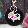 Cute rhinestone sheep keychain with black fluffy pom-pom metal ring bag charm cute gift. - White Rhinestone Sheep + Black Plush Ball