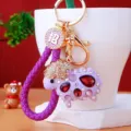 Cute rhinestone sheep keychain with purple braided leather strap and metal ring for women bags. - Dark Purple Lucky Rope + Purple Rhinestone Sheep