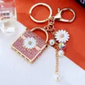 Rhinestone Daisy Handbag Keychain Metal Bag Charm Cute Floral Key Ring for Women Gift - Pink