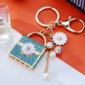 Rhinestone daisy small square bag keychain metal car key ring fashion women bag pendant - Blue