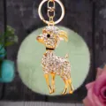 Rhinestone crystal encrusted goat keychain detail, cute fluffy green plush pom pom bag charm - White Goat with Mint Green Plush Ball