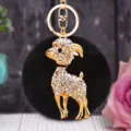 Rhinestone goat metal keychain with black fluffy pom-pom cute bag pendant for women gifts - White Goat with Black Plush Ball
