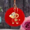 Golden rhinestone sheep plush pom pom keychain cute bag charm metal keyring accessory - Lucky Red Sheep + Red Plush Ball