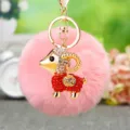 Cute pink plush sheep keychain with sparkling rhinestones and metal ring, cute bag pendant. - Lucky Red Sheep + Pink Plush Ball