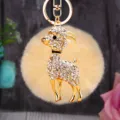 Rhinestone little goat plush car keychain cute bag pendant metal keychain fluffy ball - White Goat with Beige Plush Ball