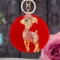 Rhinestone cute little goat plush car keychain metal bag charm gift keyring accessory for women - Pink Goat with Red Plush Ball