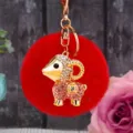 Cute plush sheep keychain with red pom pom and rhinestone gold metal bag pendant charm. - Lucky Pink Sheep + Red Plush Ball