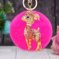 Rhinestone goat plush keychain cute bag pendant metal key chain pink pom pom charm - Pink Goat with Hot Pink Plush Ball