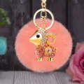 Fluffy pink pom pom keychain with rhinestone gold ram pendant, cute bag charm accessory - Lucky Pink Sheep + Korean Pink Plush Ball