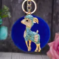 Close-up view showing glittering rhinestones and golden details on the plush goat keychain. - Blue Goat with Royal Blue Plush Ball