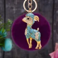 Metal rhinestone goat keychain with purple pom pom fluffy bag pendant charm cute gift - Blue Goat with Dark Purple Plush Ball